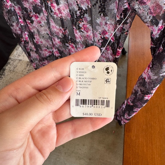 Free People Black and Pink Floral Mesh Top - Picture 2 of 3